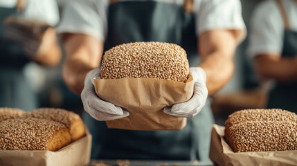 Poster - Freshly baked whole wheat bread with sesame seeds, held by bakery worker in gloves. warm atmosphere of bakery enhances artisanal feel of bread