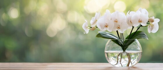 Wall Mural - Elegant White Orchids in a Glass Vase on a Wooden Table