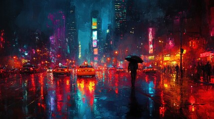 Wall Mural - Rainy night, city street, lone figure, vibrant lights.