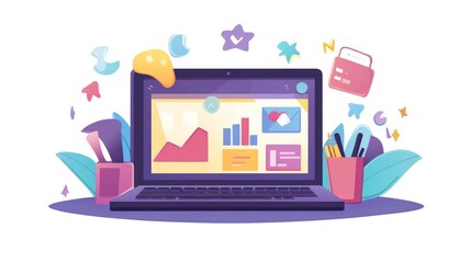 Leinwandbilder - Laptop displaying graphs, charts, and icons surrounded by stationery and decorative elements.