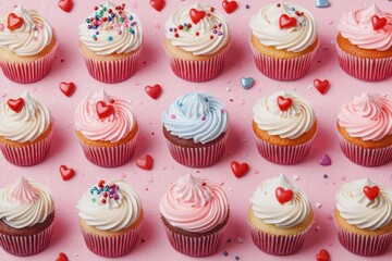 Sticker - Colorful Cupcakes with Heart Decorations on Pink Background