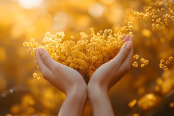 woman's hand holding yellow chamomile flower, morning light highlights give beautiful impression to flower, chamomile flower garden background