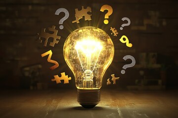 Wall Mural - a glowing light bulb with beams of light radiating outward, surrounded by question marks, puzzle pie