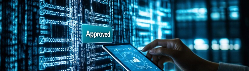 Poster - hands holding a tablet with a green 
