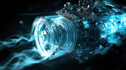 Futuristic engine with glowing blue energy streams and intricate metal components.