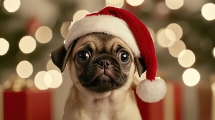 Wall Mural - Cute Pug Dog in Santa Hat with Christmas Lights Background