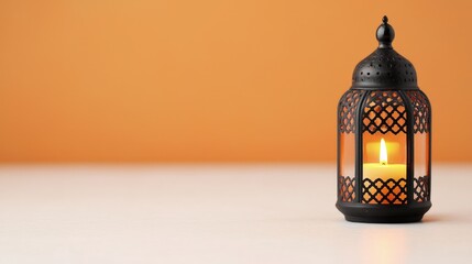 Wall Mural - Lit candle inside a black metal lantern on white surface against orange background.