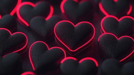 Poster - Black Hearts with Neon Glow on Dark Background for Creative Design