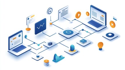Poster - Isometric illustration of interconnected network of laptops, data, and digital elements representing data flow and digital ecosystem.