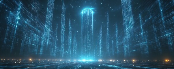 Aufkleber - A futuristic AI brain seamlessly connected to a towering data center, pulsating with energy and surrounded by generative AI light patterns on a dark backdrop