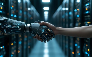 Poster - A human hand and robotic arm meeting in a handshake, surrounded by a hightech data center, showcasing the future of AI collaboration in the digital age