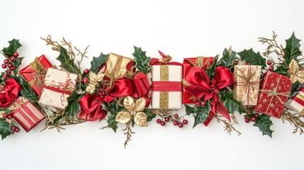Poster - A decorative holiday border of Christmas presents wrapped with red and gold ribbons, accented with holly leaves and berries, isolated on white