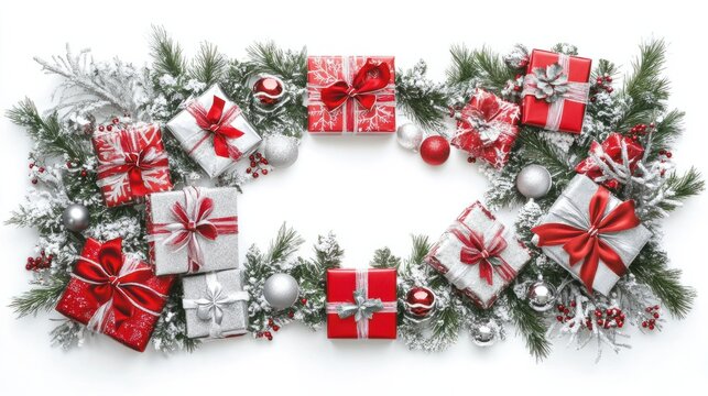 A festive Christmas frame featuring elegant presents wrapped in red and silver ribbons, accented with evergreen sprigs and ornaments, isolated on white