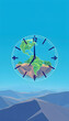 © Go - Earth-Shaped Clock on a Blue Background with Mountains and Sky, Representing Earth, Nature and Time Awareness, Ideal for time, nature and earth concepts