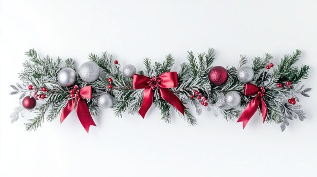 A festive Christmas frame featuring elegant presents wrapped in red and silver ribbons, accented with evergreen sprigs and ornaments, isolated on white