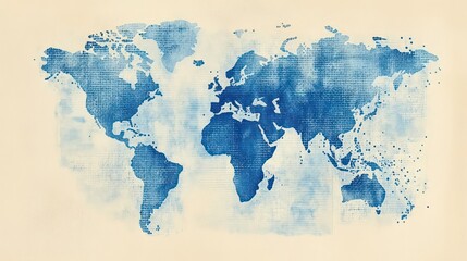 Poster - Watercolor world map illustration, blue continents on beige background.