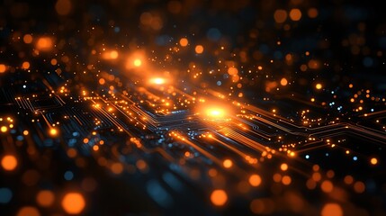 Poster - Abstract glowing circuit board with orange and blue lights.