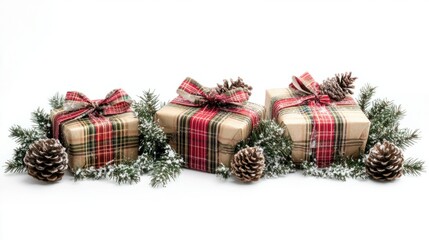 Poster - A holiday frame featuring rustic gifts wrapped in plaid ribbons, highlighted by evergreen sprigs and snow-dusted pinecones, isolated on white