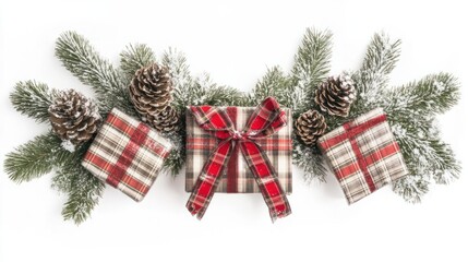 Poster - A holiday frame featuring rustic gifts wrapped in plaid ribbons, highlighted by evergreen sprigs and snow-dusted pinecones, isolated on white