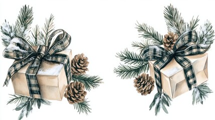 Poster - A holiday frame featuring rustic gifts wrapped in plaid ribbons, highlighted by evergreen sprigs and snow-dusted pinecones, isolated on white