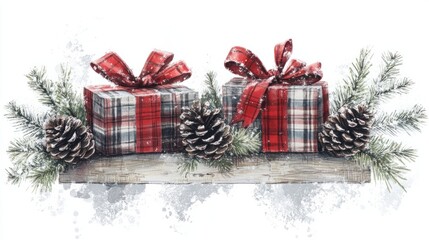 Poster - A holiday frame featuring rustic gifts wrapped in plaid ribbons, highlighted by evergreen sprigs and snow-dusted pinecones, isolated on white