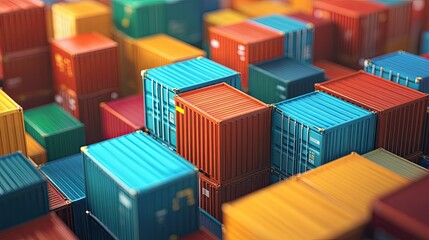 Poster - Colorful Shipping Containers Stacked in a Cargo Yard, Showcasing Logistics and Global Trade with a Vibrant Palette of Blue, Red, Yellow, and Green Containers