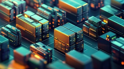 Poster - Abstract 3D Concept of Futuristic Shipping Containers Arranged in a Digital Warehouse Environment with an Emphasis on Technology and Logistics Operations