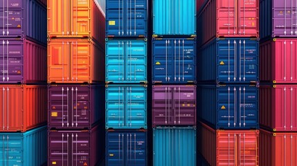 Poster - Colorful Shipping Containers Stacked in Cargo Yard Showcasing Bright Hues of Orange, Blue, Purple, and Teal for Global Trade and Shipping Industry Visuals