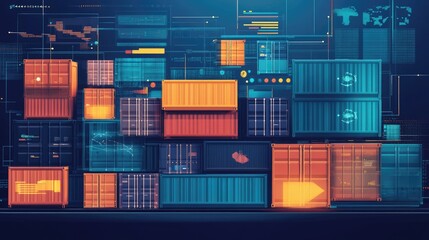 Poster - Abstract Digital Background Featuring Colorful Shipping Containers with Data Visualizations and Graphics in a Modern Tech Environment
