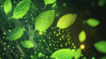 Aufkleber - Green leaves floating over a glowing circuit board, symbolizing eco-friendly technology.