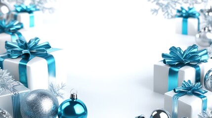 Poster - A holiday-themed frame of elegant gifts tied with silver and blue ribbons, highlighted by snowflakes and festive baubles, on white