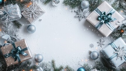 Poster - A holiday-themed frame of elegant gifts tied with silver and blue ribbons, highlighted by snowflakes and festive baubles, on white