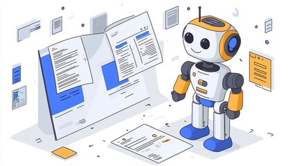 Fototapete - Friendly robot reviewing documents and data on a digital screen.