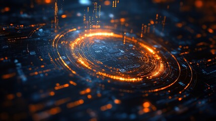 Poster - Abstract digital circuit board with glowing orange rings and data streams.