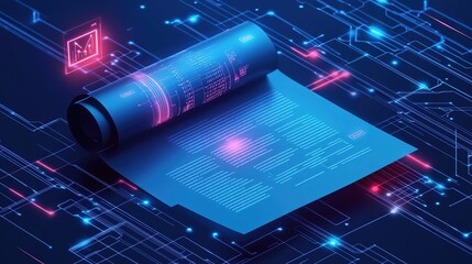 Poster - Futuristic digital document scrolls over glowing circuit board, showcasing technological innovation and data processing.
