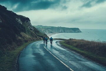 A scenic coastal road under a moody sky. Cyclists explore the winding path surrounded by cliffs and the ocean. Nature inspires adventure and tranquility. Generative AI