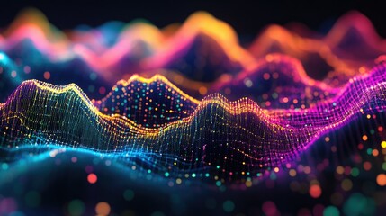 Poster - Abstract Colorful Waveform Visuals Representing Data Patterns and Digital Sound Waves in Vibrant Blue, Purple, Pink, and Orange Colors Against a Black Background
