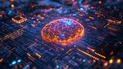Poster - Glowing brain on a circuit board, representing AI and technology.