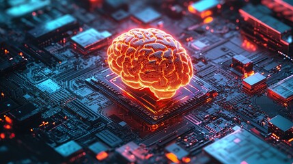 Poster - Glowing brain on a circuit board, representing artificial intelligence and neural networks.