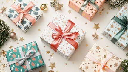 Aufkleber - A modern holiday frame featuring bold gift boxes tied with metallic ribbons, surrounded by festive garlands and stars, on white
