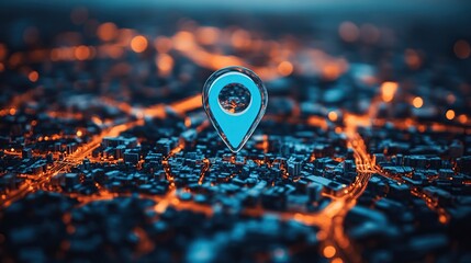 Poster - Glowing city map with a blue location pin, representing navigation, GPS, and urban exploration.