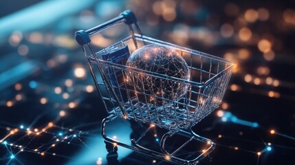 Poster - Digital Shopping Cart with Glowing Global Network Sphere Representing E-Commerce and Online Retail Trends in a Futuristic Technology Environment
