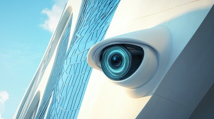 Poster - Close-Up View of Modern Architectural Detail Featuring Unique Eye-Shaped Camera Mounted on a Contemporary Building Against a Clear Blue Sky