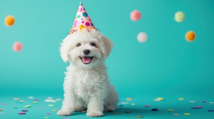 Wall Mural - Cute fluffy dog wearing party hat celebrating with colorful decor