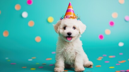 Wall Mural - Cute puppy wearing party hat with colorful background and confetti