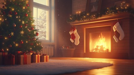 Poster - A cozy Christmas card design with a realistic fireplace setup, stockings, and a glowing tree, with a large space for a heartfelt holiday message