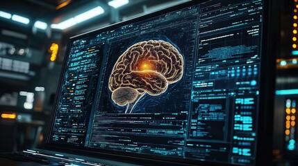 Poster - Laptop screen displays a 3D model of a human brain with glowing areas, indicating neural activity or cognitive processes.