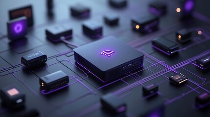 Poster - IoT network, smart home devices connected to central hub, wireless technology.