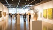 © JP STUDIO LAB - A modern art gallery filled with visitors admiring various artworks displayed on white walls, featuring a sculpture in the foreground.