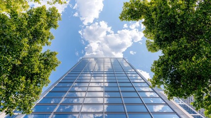 Wall Mural - Low angle view of modern skyscraper reflected sky and clouds between lush green trees.